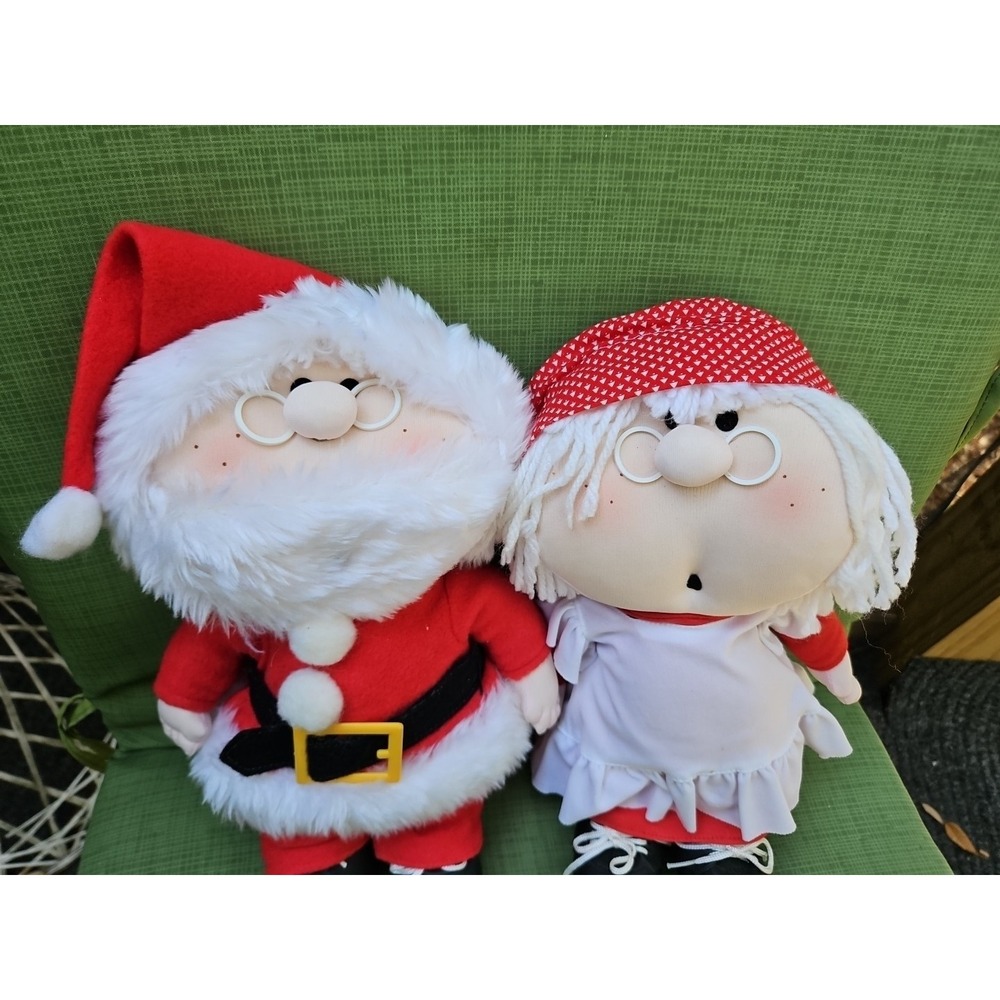 Vintage Santa Claus & Mrs Claus Puffy Christmas Plush 12" Whimsical 1980s